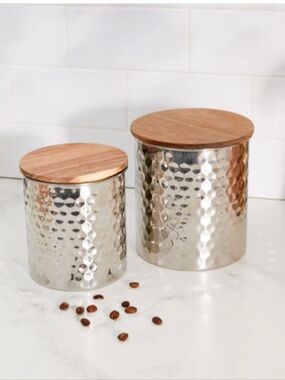 West Elm Set of 2 Uncommon James Hammered Silver Storage Canisters Wood Tops NEW